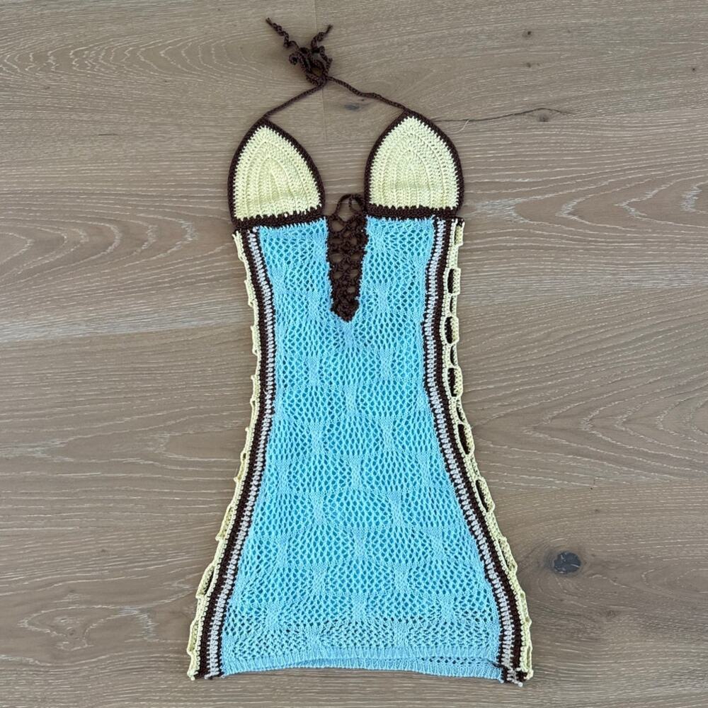 Pink Diamond Crocher Mini Dress Halter Neck Size S Blue Brown Yellow